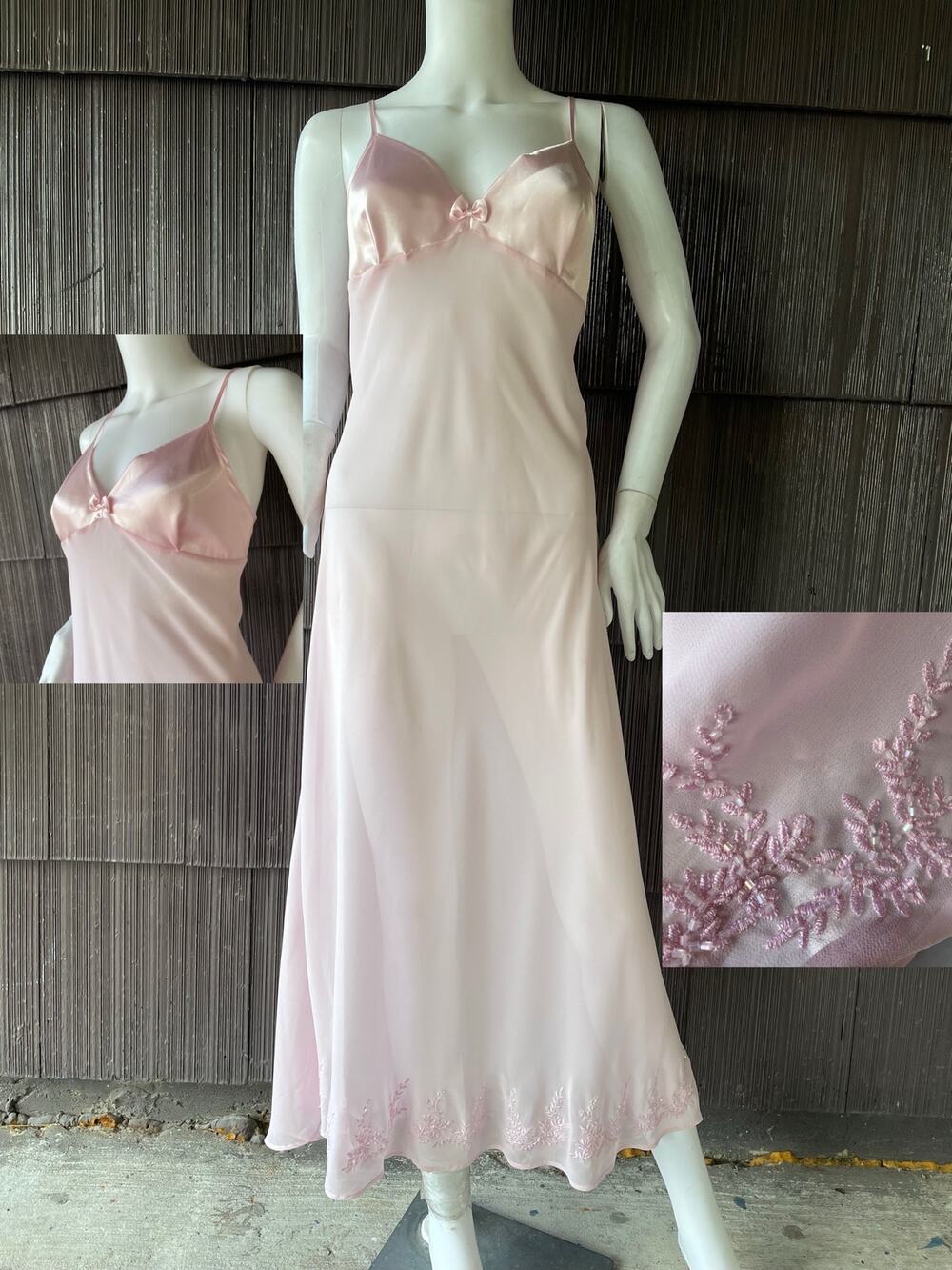 🔥Y2K 90s Sophia Delicates Pink Satin Chiffon Bead Embroider Nightgown Coquette